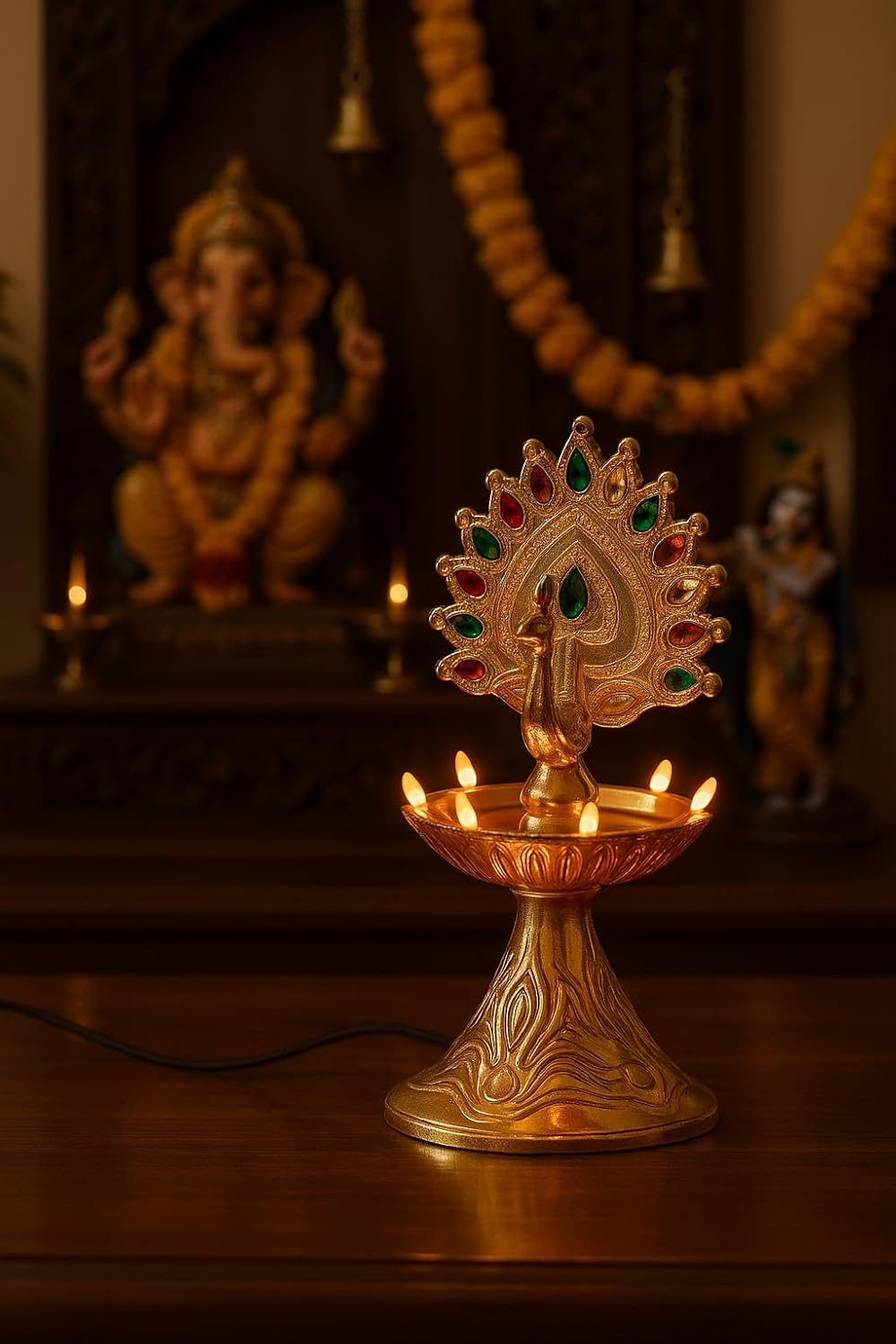 Peacock Electric Golden Diya