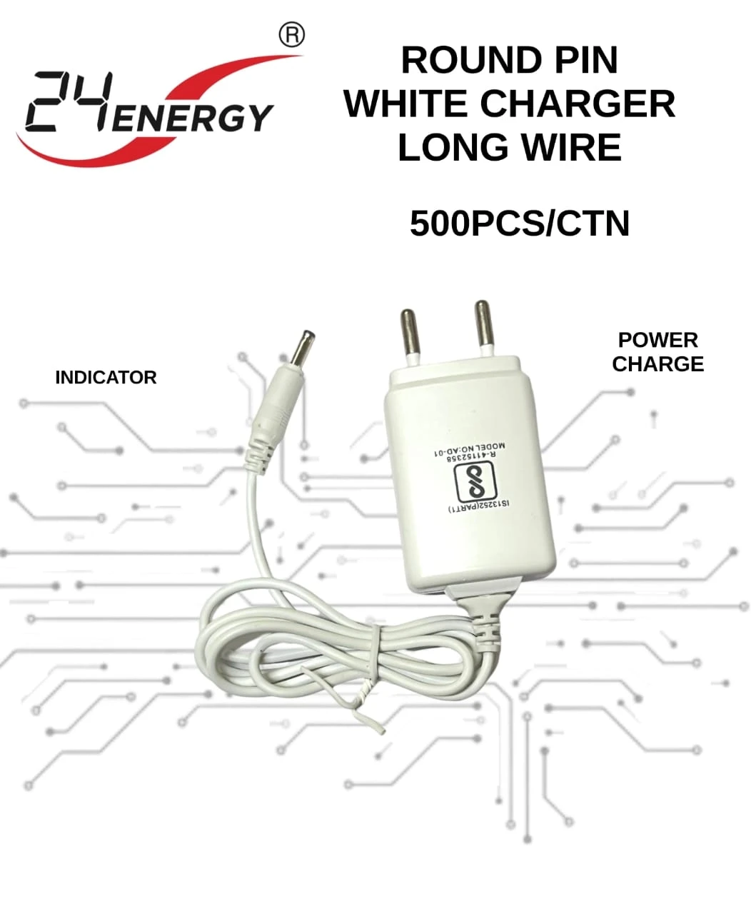 24 Energy Round Pin White Charger Long Wire
