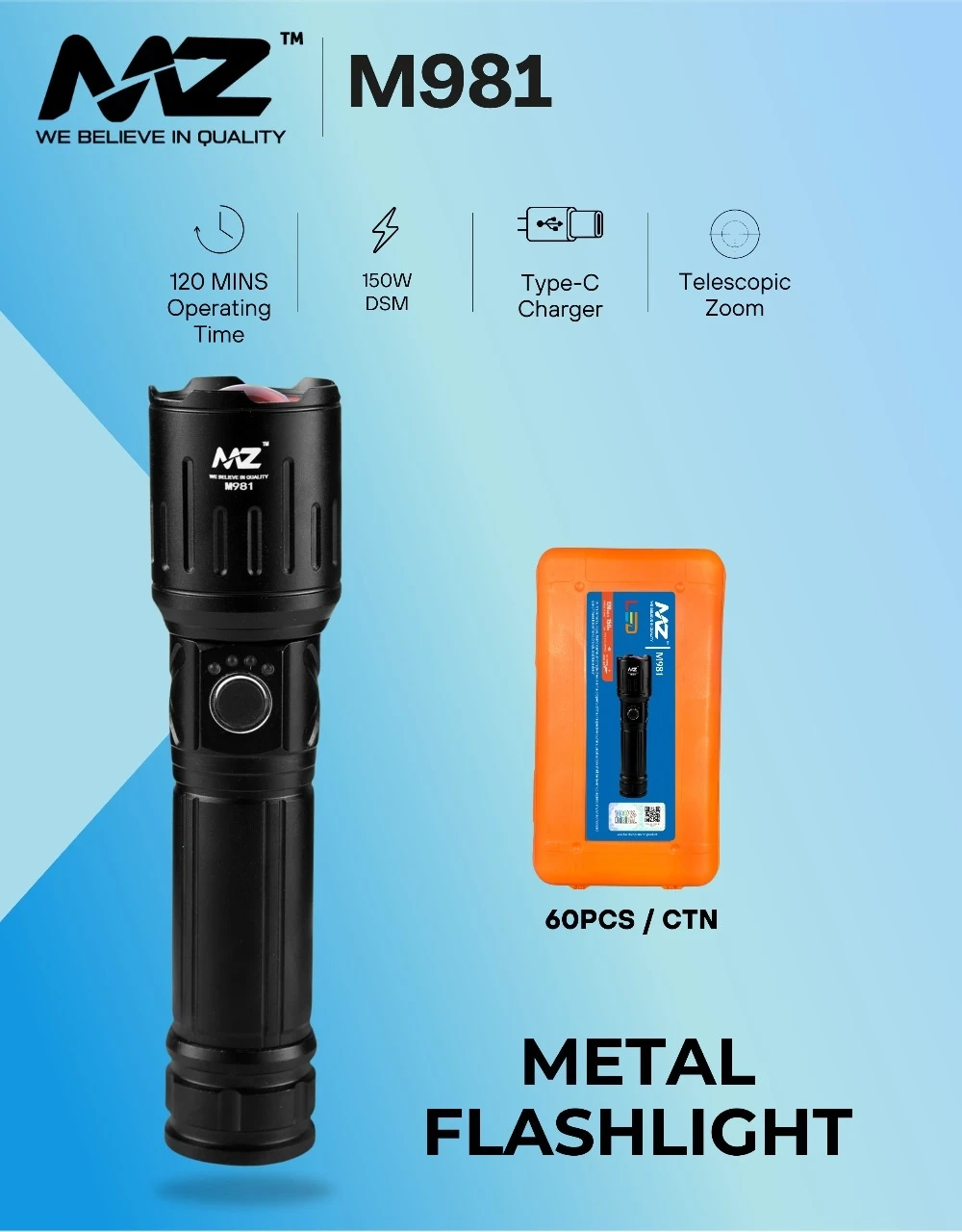 MZ M981 (ZOOMABLE METAL LED )5 Modes Flashlight, Super Bright 150W Light Torch (Black, 17 cm, Rechargeable)