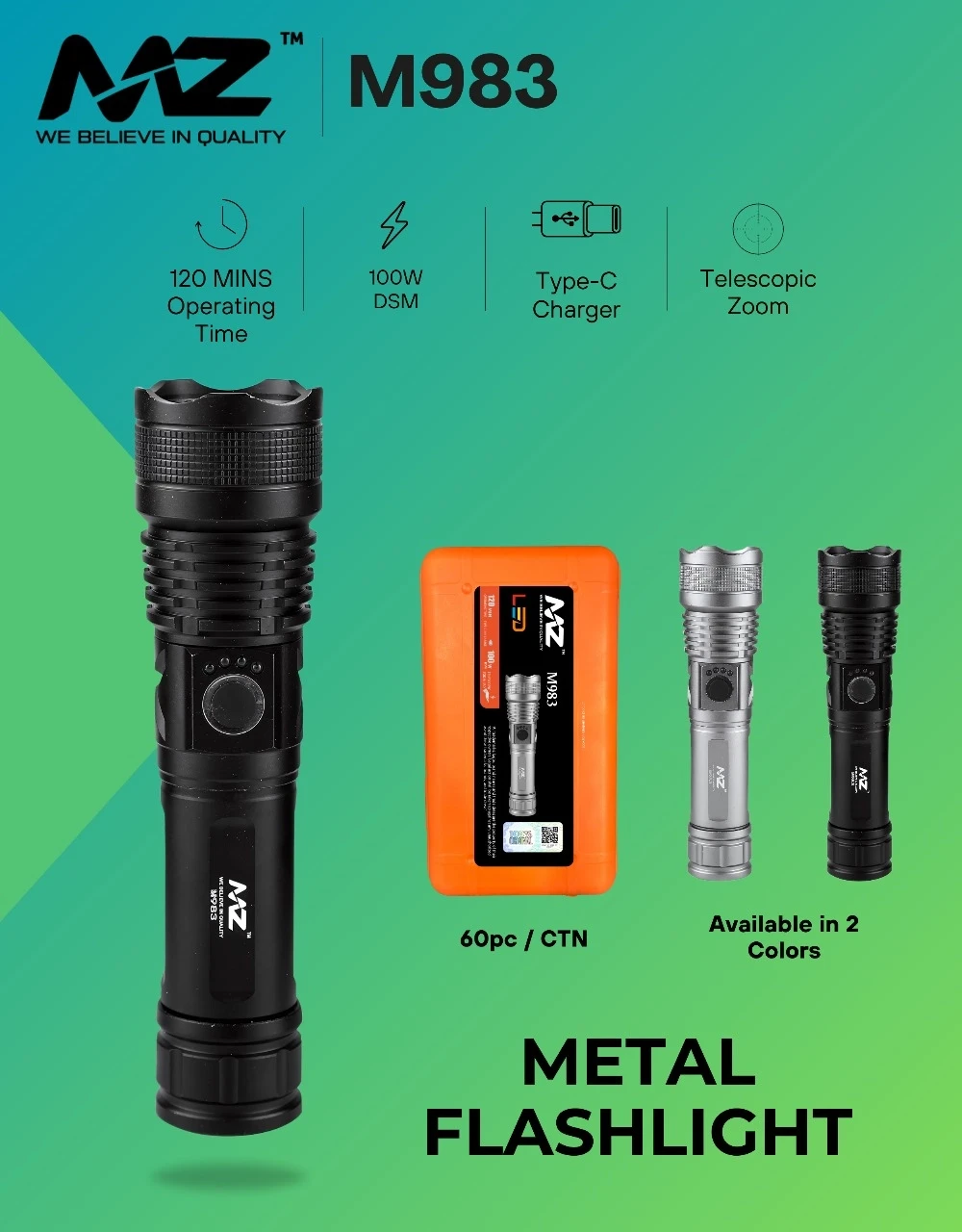 MZ M982 (ZOOMABLE METAL LED TORCH) 5 Modes Flashlight, Super Bright 200 W LED Light Torch