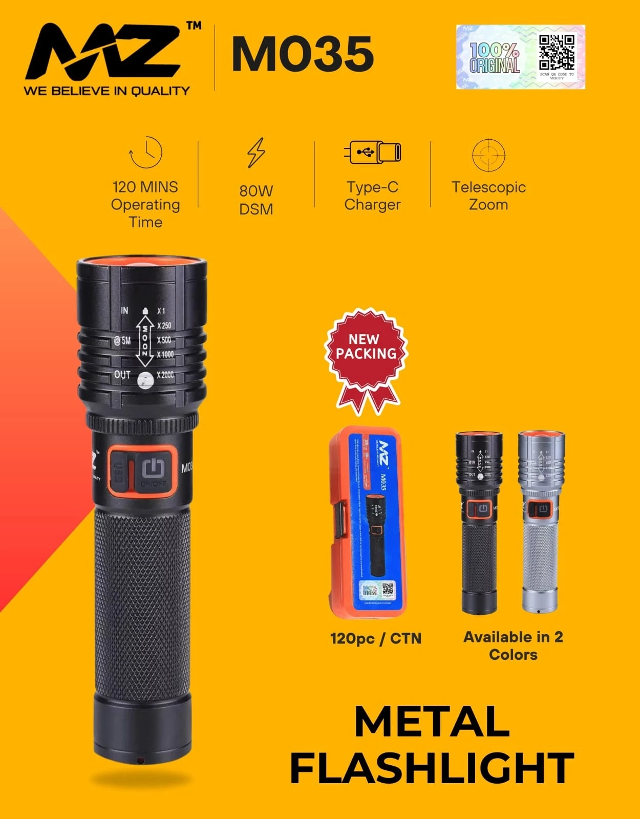MZ 035 (ZOOMABLE LED METAL TORCH) 5 Modes Flashlight Torch (Black, 13.5 cm, Rechargeable)