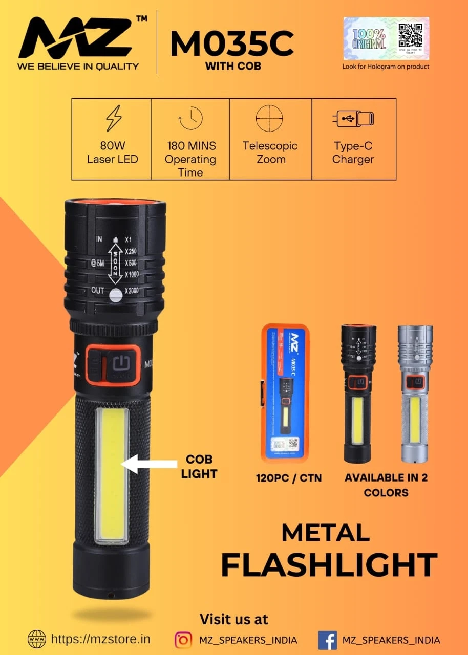 MZ M035C (ZOOMABLE LED METAL)5 Modes Flashlight, Super Bright Cree with COB Torch