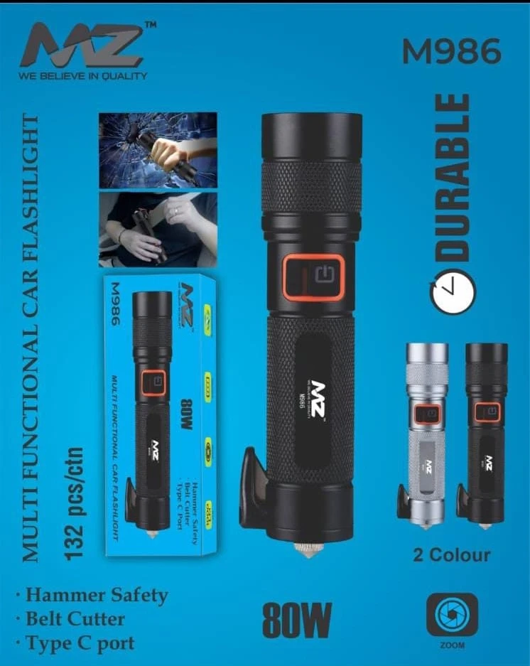 MZ M986 (CAR EMERGENCY LIGHT) 4 Modes with Hammer and Seatbelt cutter Zoomable Torch