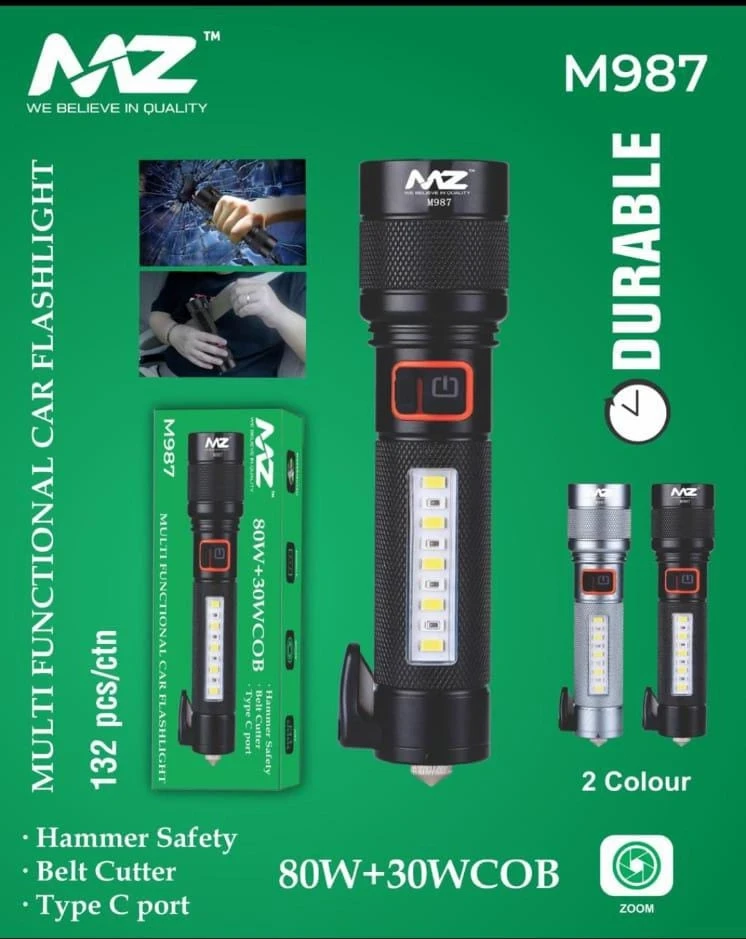 MZ M987 Car Emergency Light - Black | with 5 Different Modes, Hammer and Seatbelt Cutter | Zoomable Torch Emergency Car Escape Tool | Window Breaker