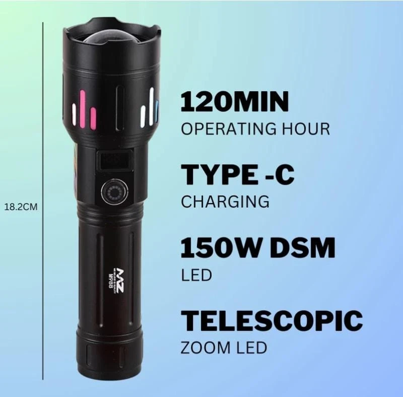 MZ M988 Metal Zoomable Torch - Super Bright 150W Light, 5 Modes
