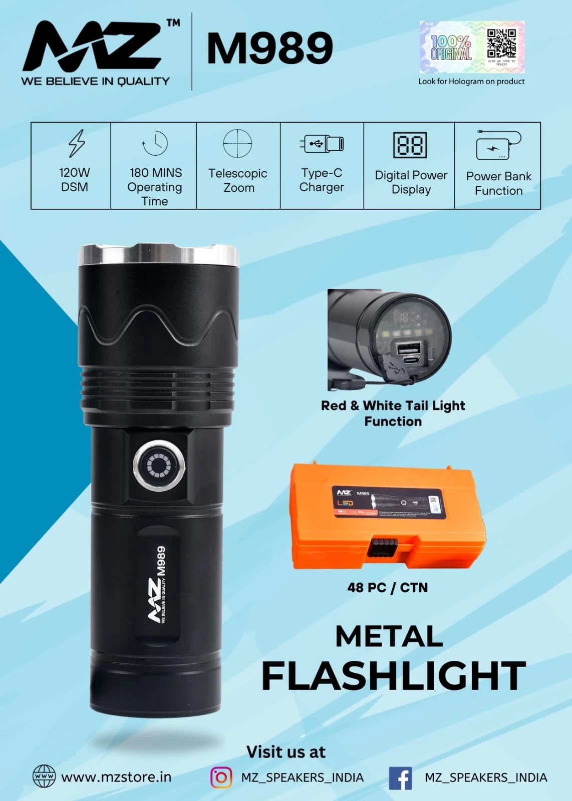 Mz M989 Metal Flashlight Rechargable Torch