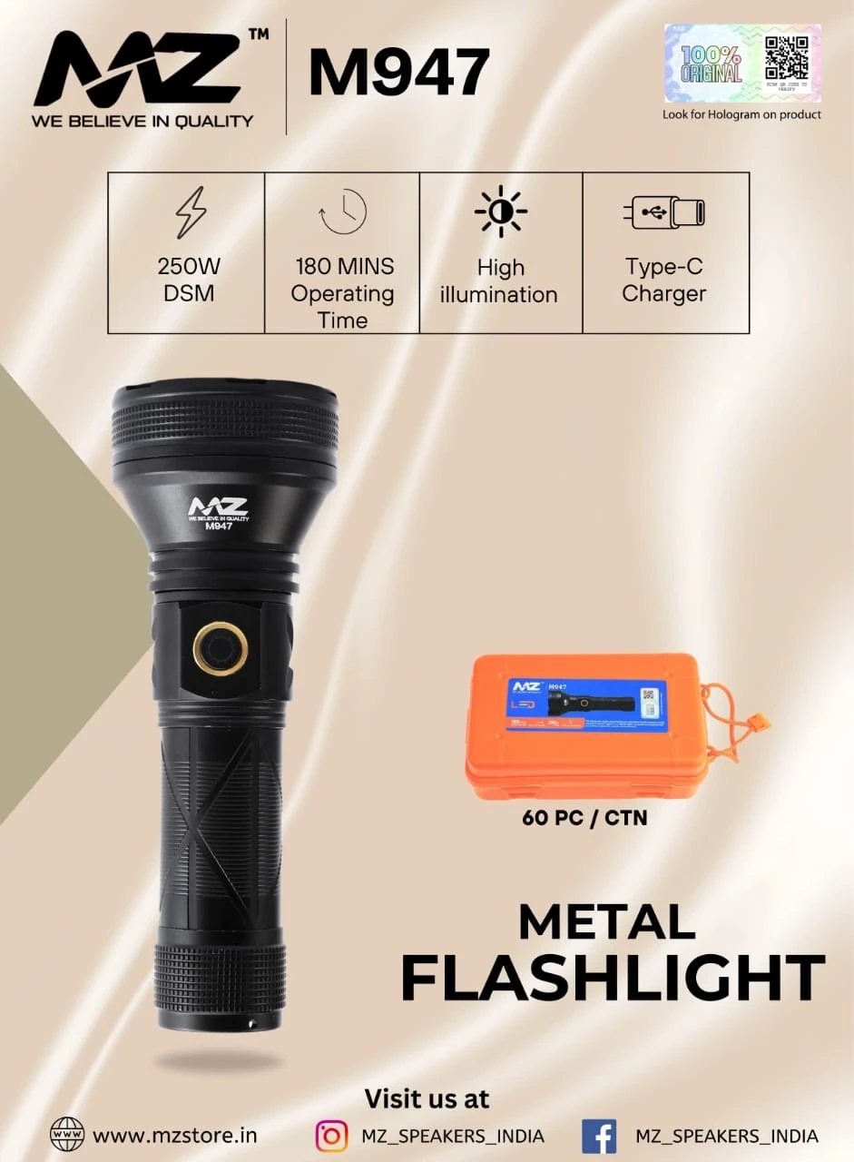 Mz M947 Metal Flashlight Rechargable Torch