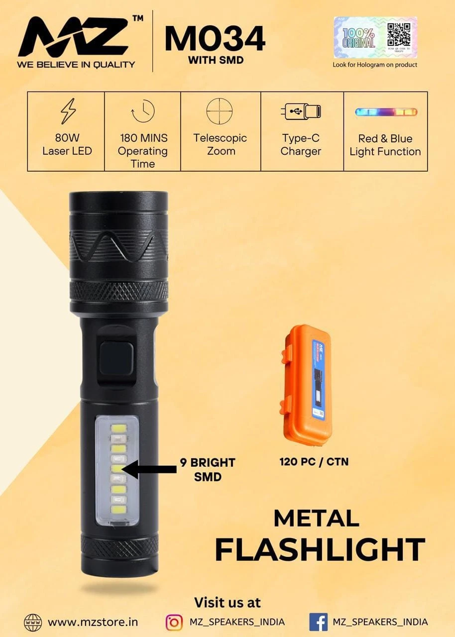 Mz M034 Metal Flashlight Rechargable Torch