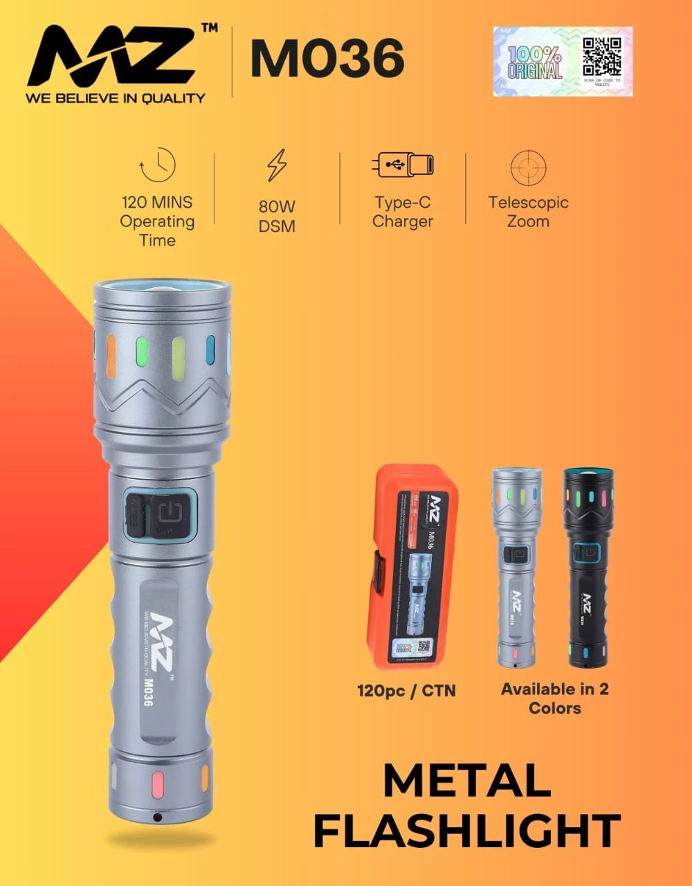 MZ M036 Metal Flashlight, 80W LED Rechargeable Torch, 120-Minute Runtime, Type-C Fast Charger, Telescopic Zoom