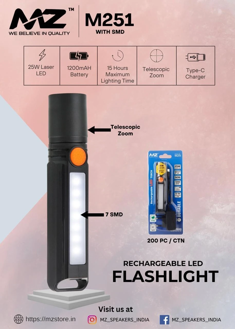 MZ M251 LED RECHARGEABLE TORCH 7 SMD + 25W Laser LED 1200 mAh Battery Torch