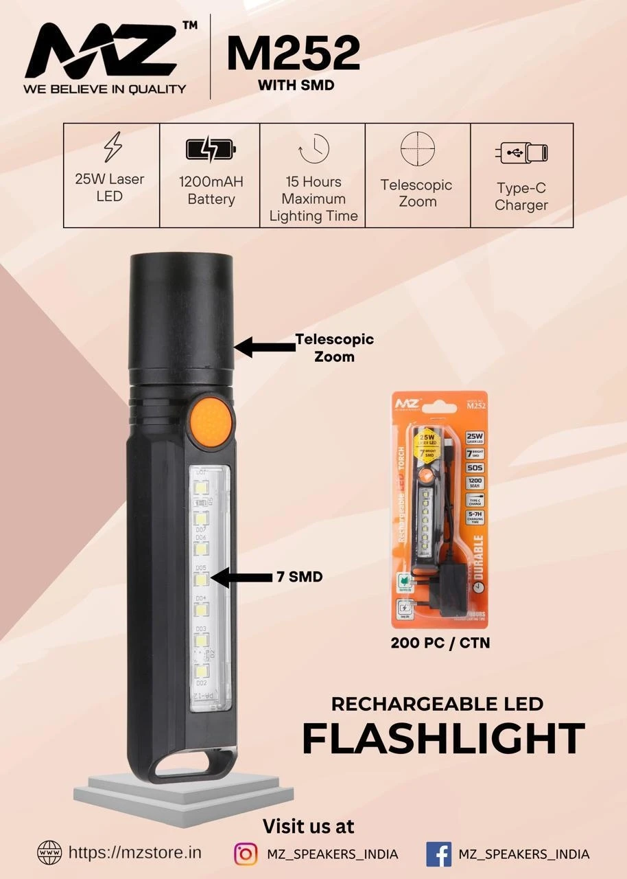 MZ M252 LED RECHARGEABLE TORCH 7 SMD + 25W Laser LED 1200 mAh Battery Torch