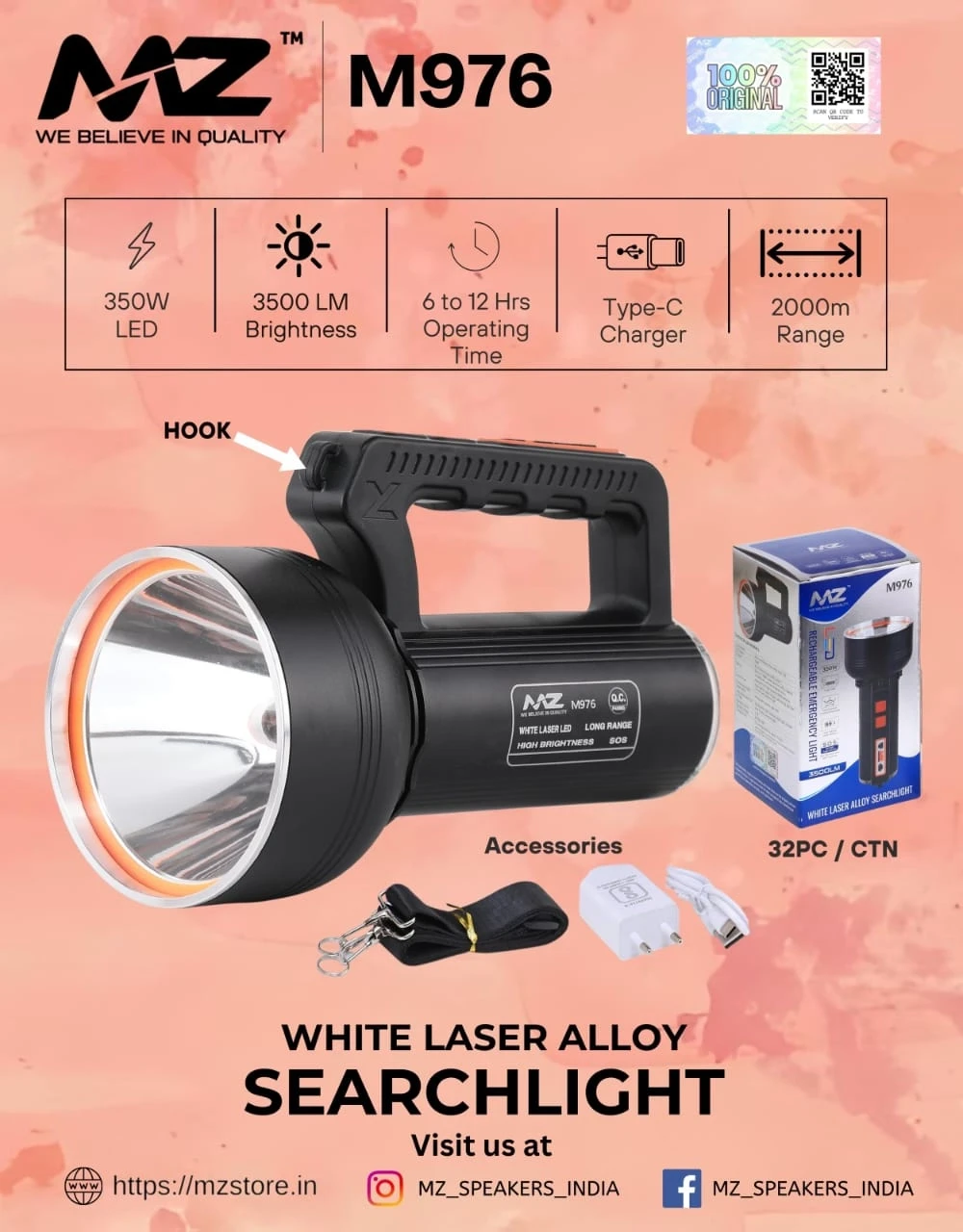 MZ M976 EMERGENCY RECHARGEABLE LIGHT 350W White Laser LED Torch