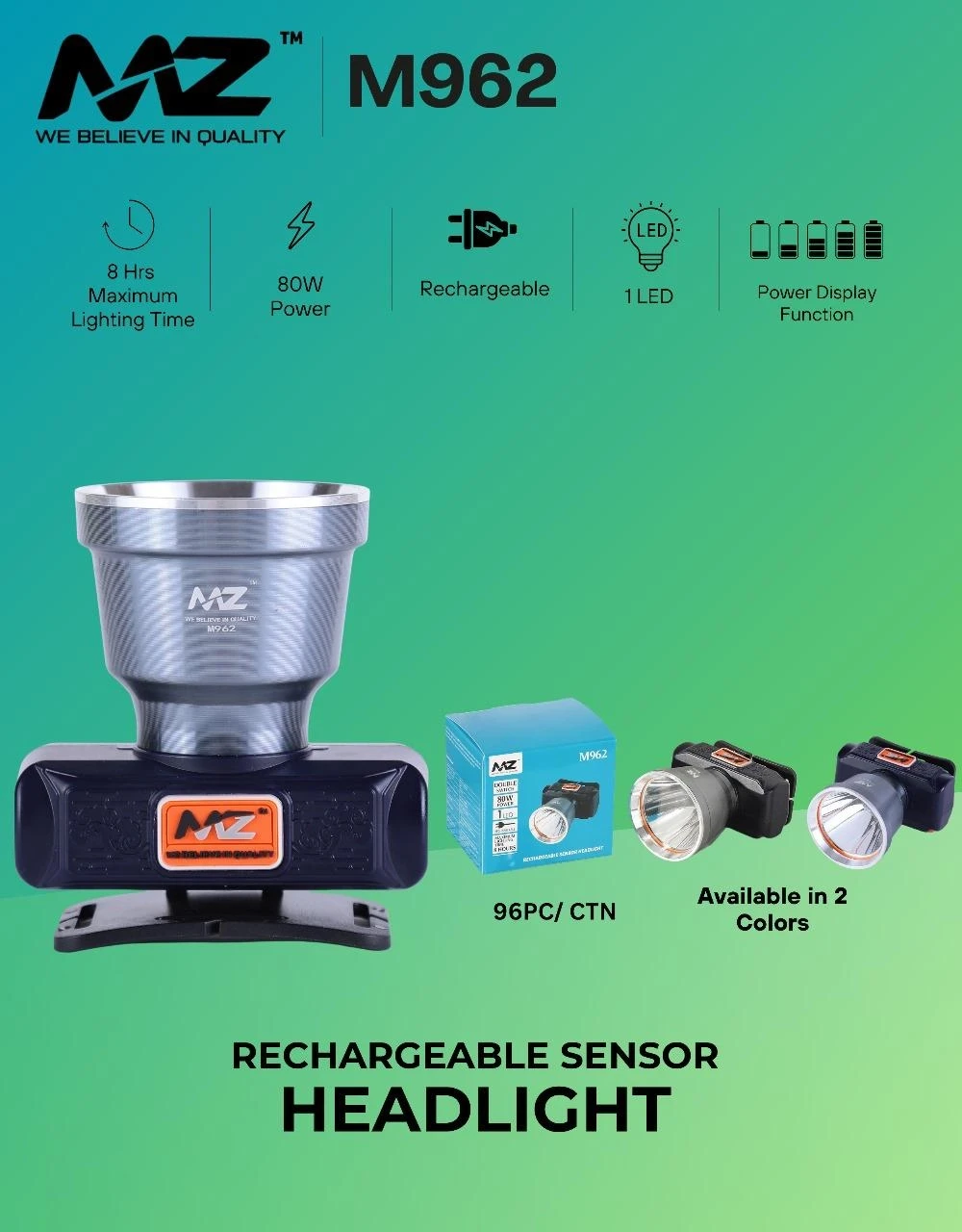 MZ M962 Rechargeable LED Headlamp Torch | 80W Zoomable Lense 8 Hours Working Waterproof T6 Headlight with 4 Modes and Adjustable Headband, Perfect for Camping, Hiking, Outdoors, Hunting