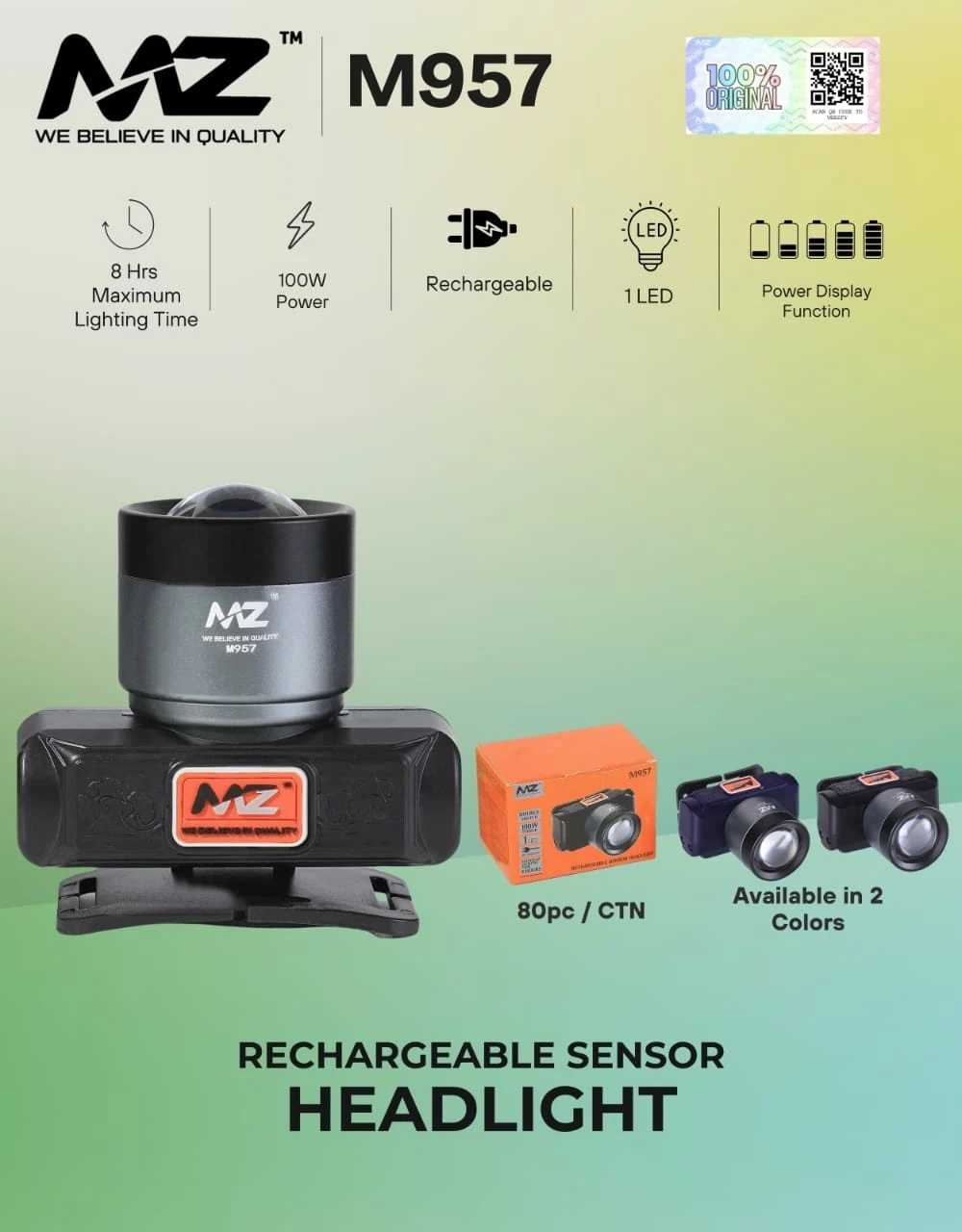 MZ M957 (Rechargeable LED Headlamp) 100W Zoomable Lense 6 Hours Working Torch (Black, 7 cm, Rechargeable)