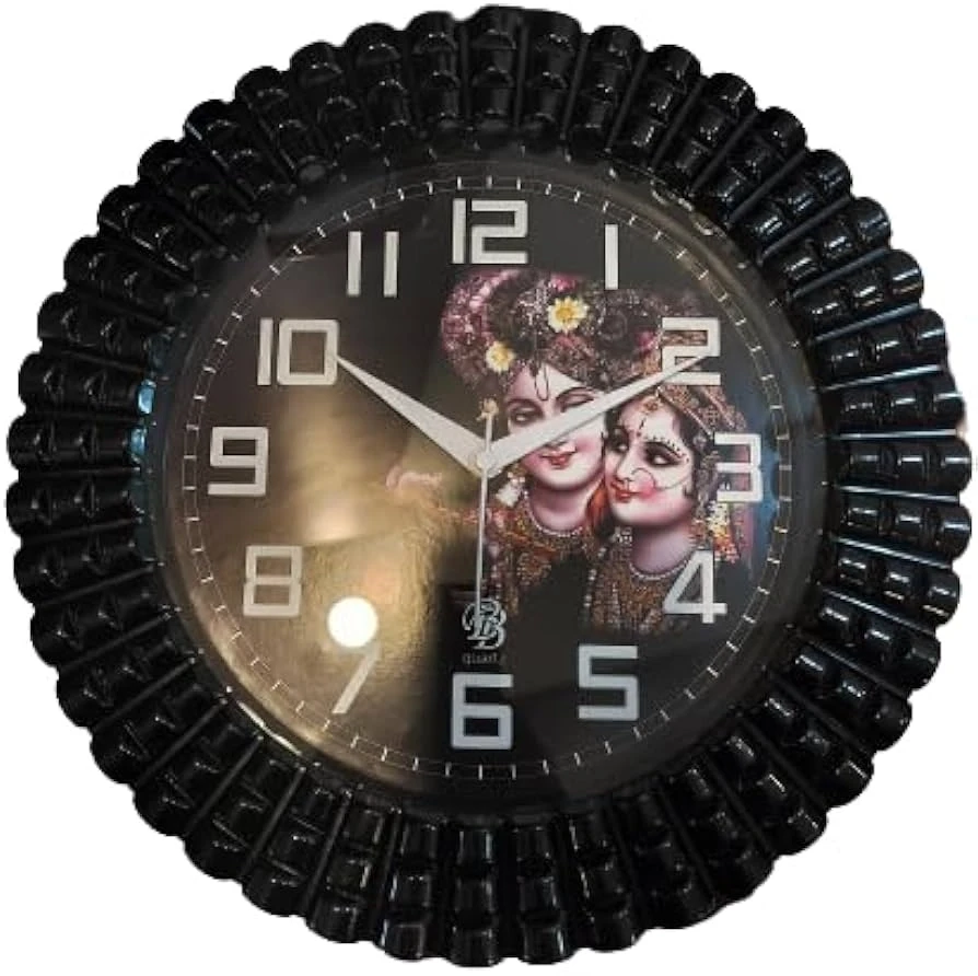 Black Round Wall Clock with Hindu Deity Image and "BS quartz"
