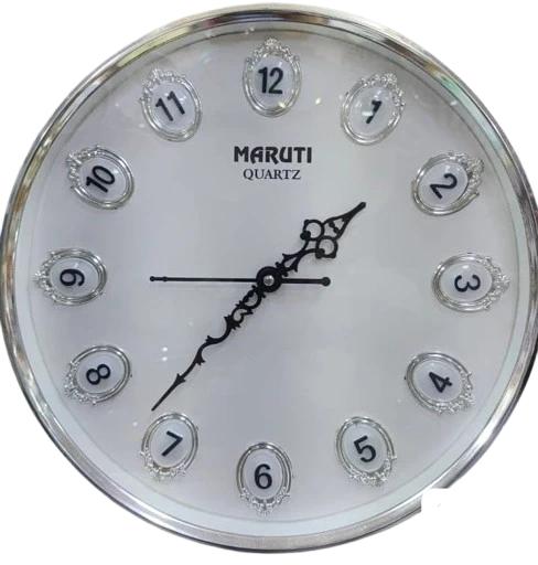 White Round Analog Wall Clock with Silver Rim and Black Hands - "MARUTI QUARTZ"