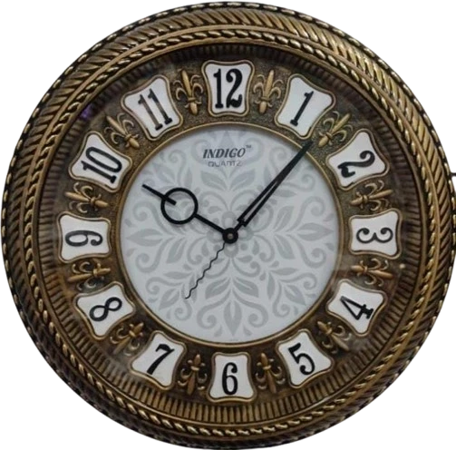 Large Golden Round Analog Wall Clock with Roman Numerals - "INDIGO QUARTZ"