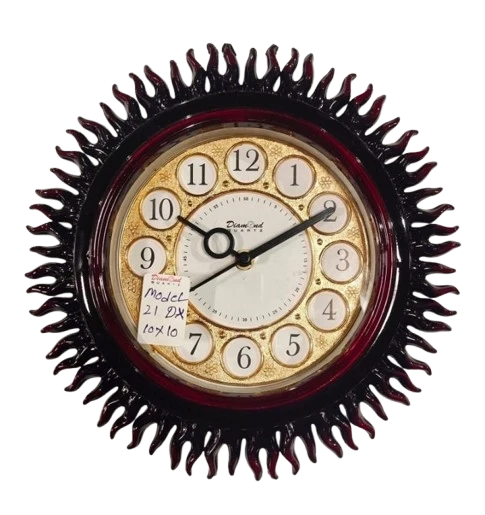 Red and Black Round Analog Wall Clock with Sun Design - "Diamond Quartz" - 10x10