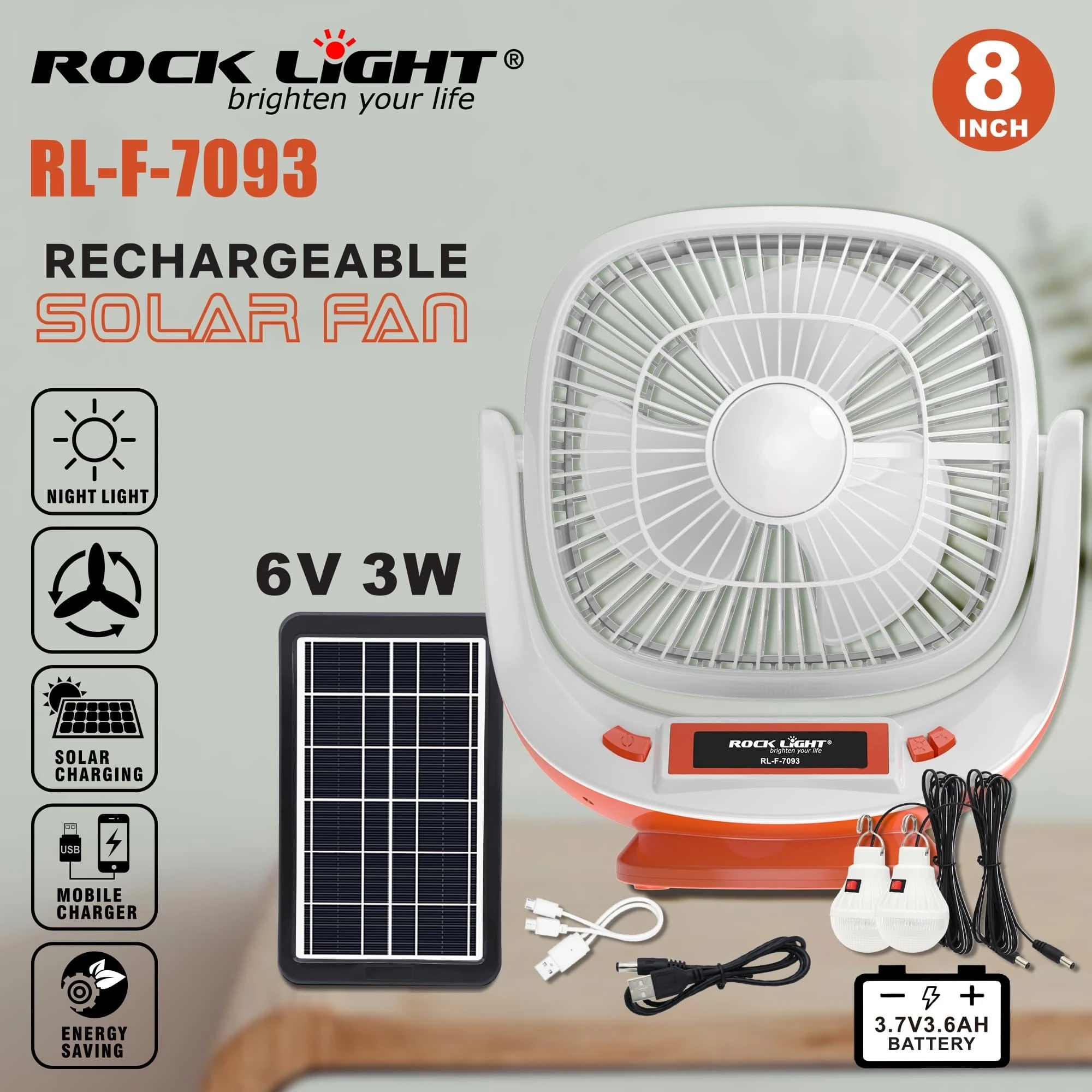 Rocklight RL-F-7093 Rechargeable Solar Fan