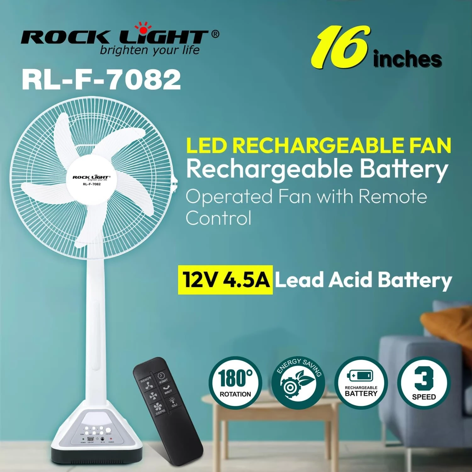 Rocklight RL-F-7082 LED Rechargeable Fan