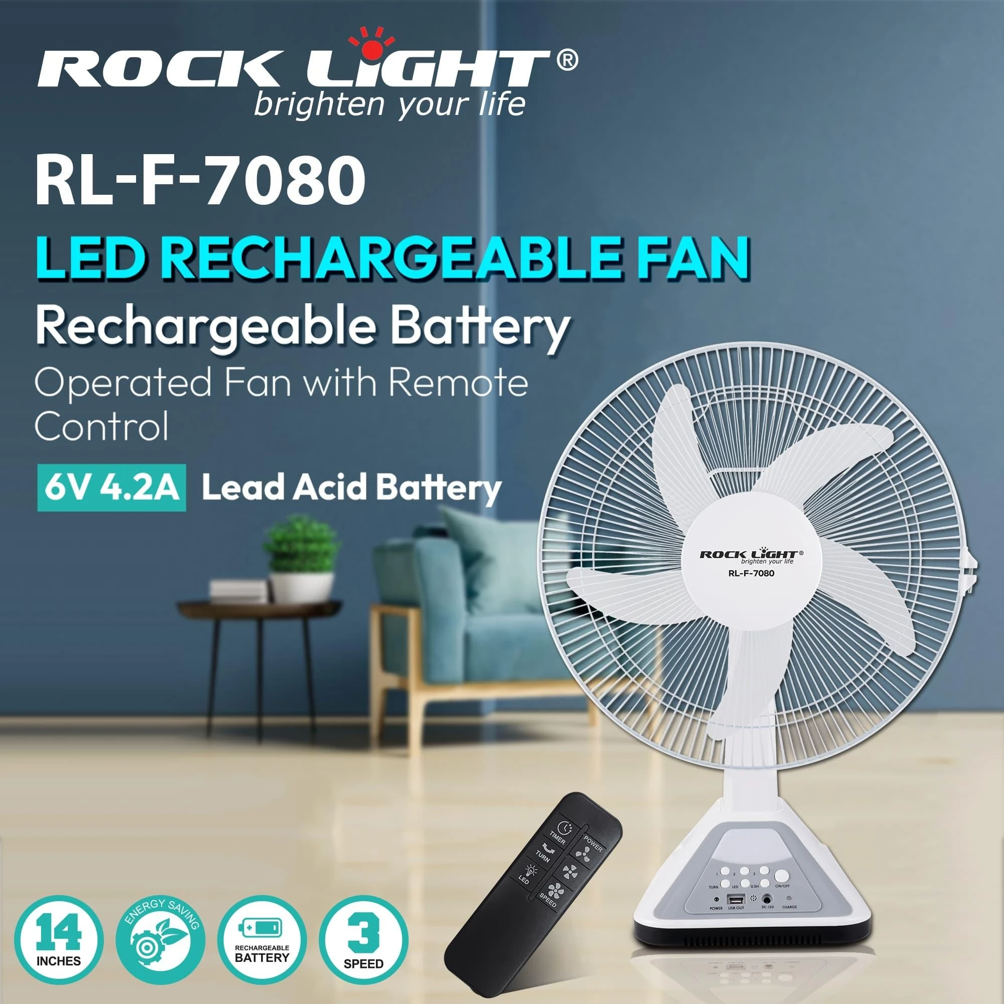 Rocklight RL-F-7080 LED Rechargeable Fan