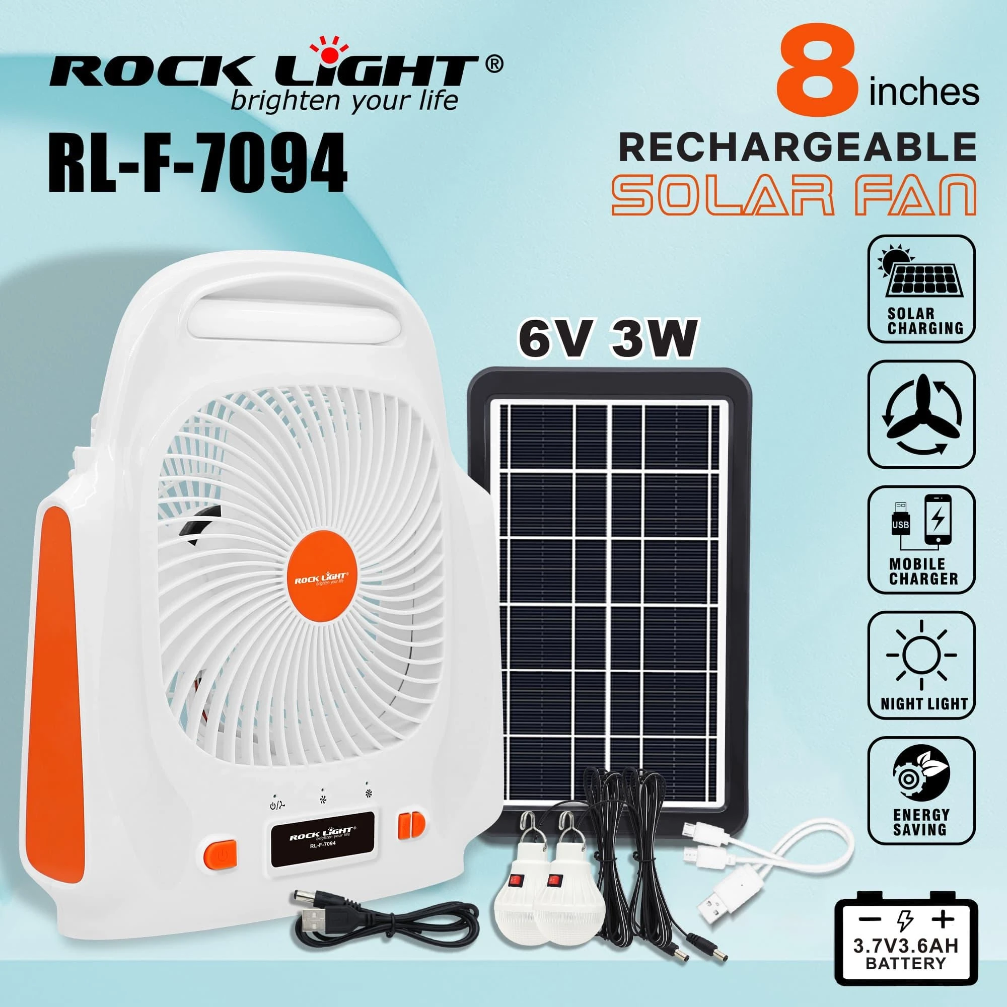 Rocklight RL-F-7094 Rechargeable Solar 8 Fan