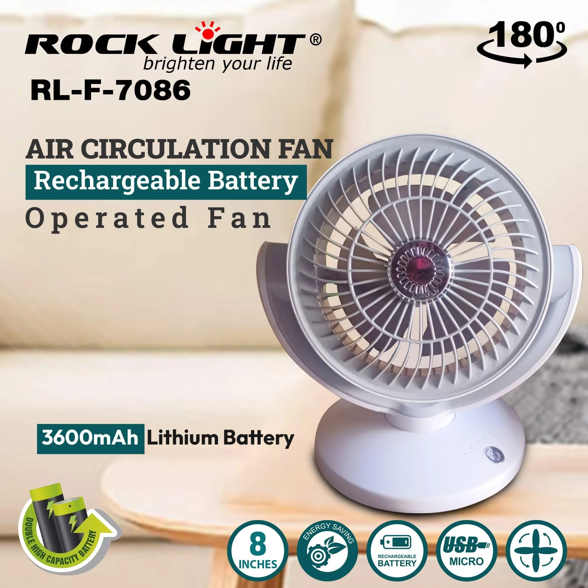 Rocklight RL-F-7086 Air Circulation Rechargeable Battery Operated Fan