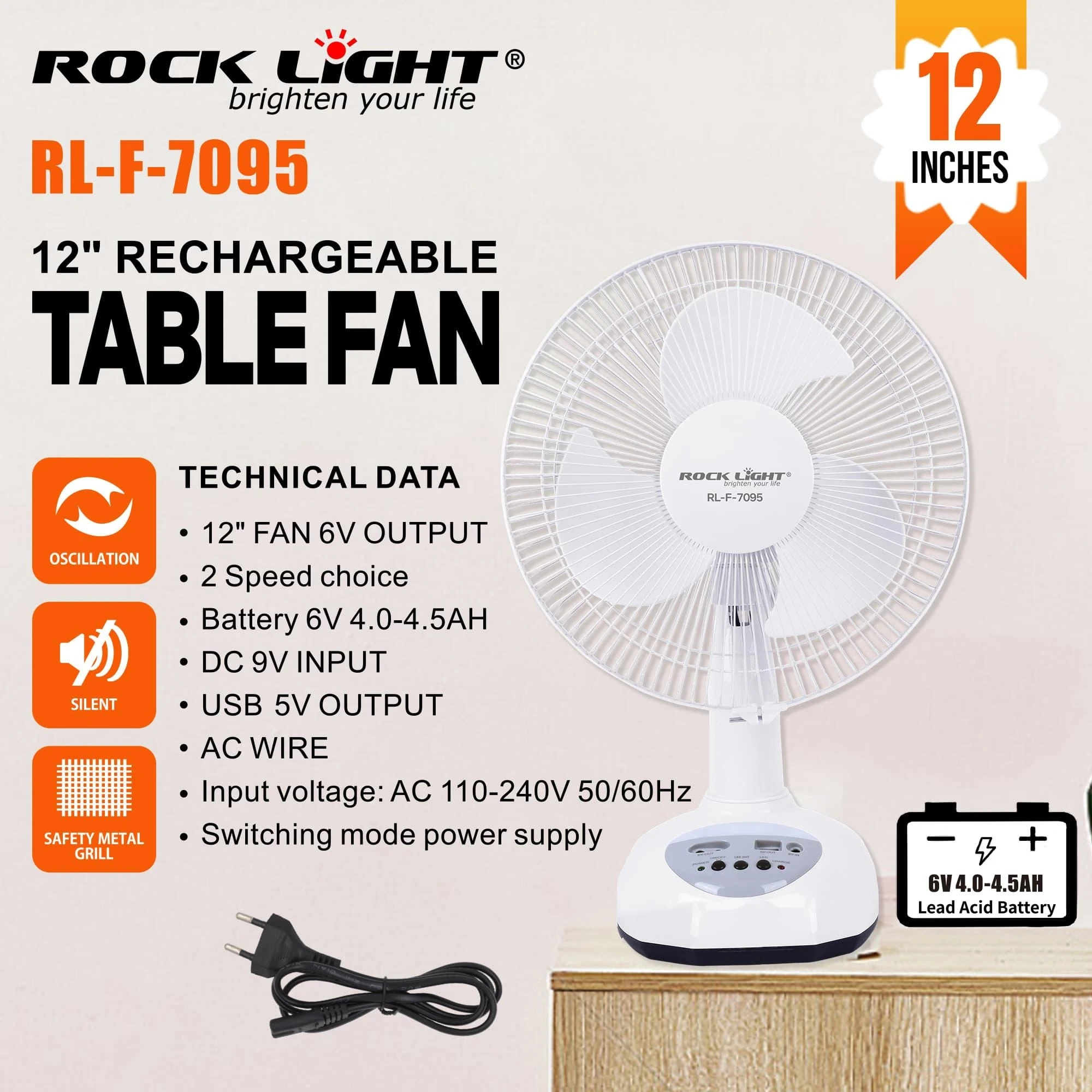 Rocklight RL-F-7095 Rechargeable Table Fan