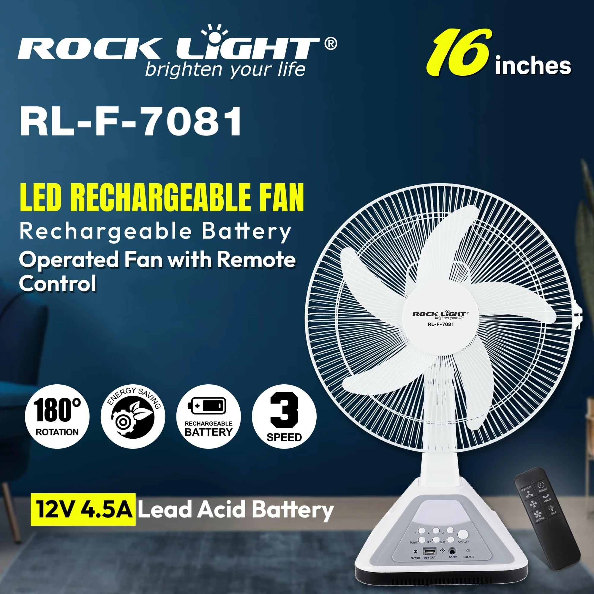 Rocklight RL-F-7081 LED Rechargeable Fan