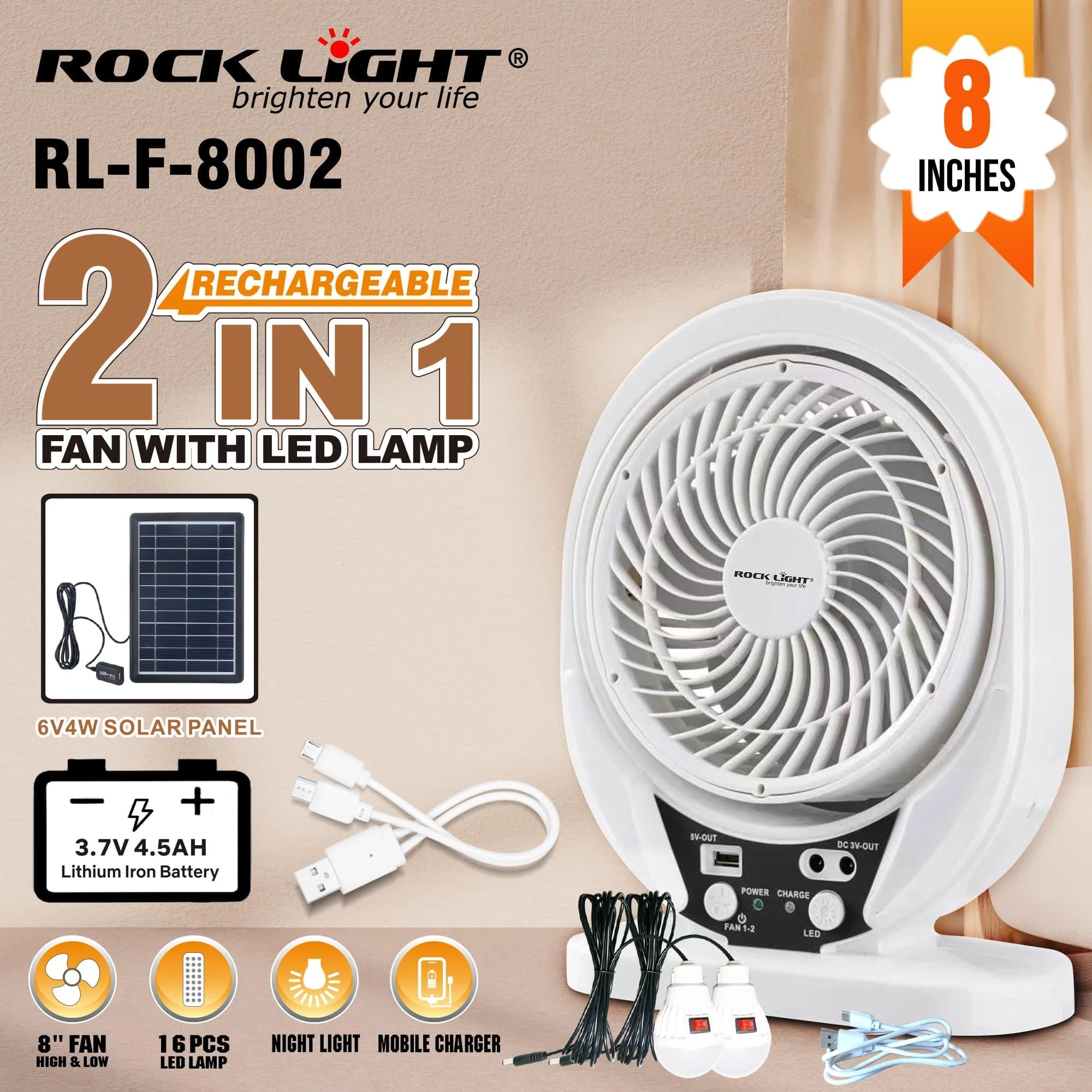 Rocklight RL-F-8002 2 in 1 Fan with LED Lamp