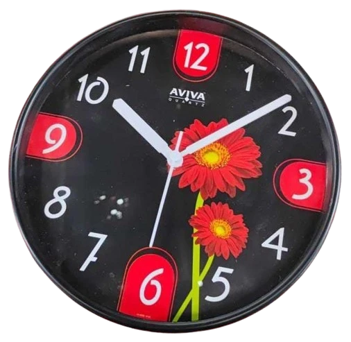 AVIVA QUARTZ Black Round Wall Clock with Flower Design