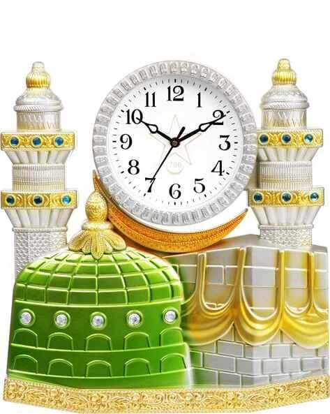 Silver Mosque Wall Clock with Green Dome and Golden Crescent Moon