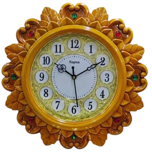 Sapna Round Wall Clock with Gold Rim, and Carved Wooden Frame