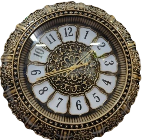 Aesthetic Round Wall Clock with Gold Rim, and Carved Wooden Frame