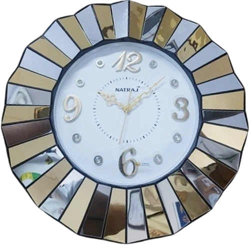 NATRAJ Round Wall Clock with Gold Numbers and Mirrored Surround