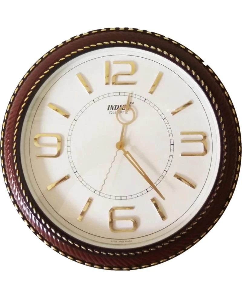 12-Inch INDIGO QUALITY Round Wall Clock with Brown Frame and Gold Numbers