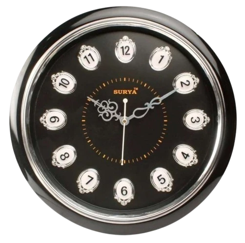12-Inch SURYA Round Black Wall Clock with Silver Rim and White Numbers