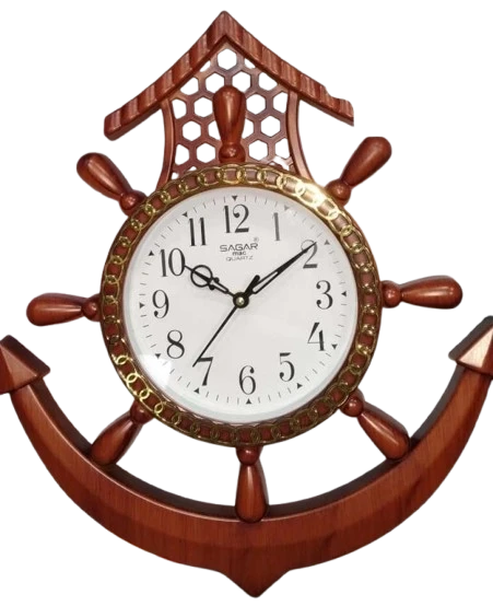 12 Inch Brown Wooden Ships Wheel Clock with Anchor - SAGAR Mac QUARTZ