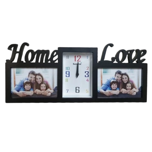 Black Photo Frame with Double Photo Slots and Clock - Home & Love