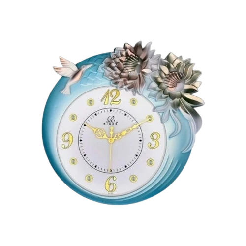 R-537 Blue and White Wall Clock with Hummingbird and Flowers