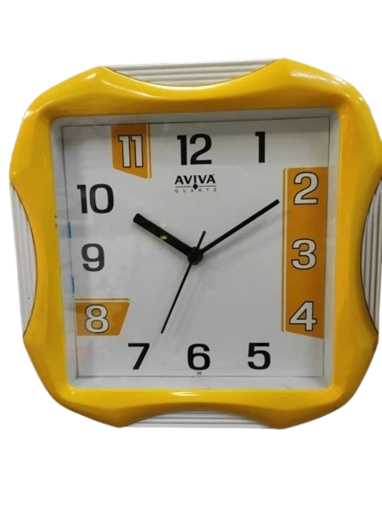 AVIVA QUARTZ Square Wall Clock with Yellow Frame