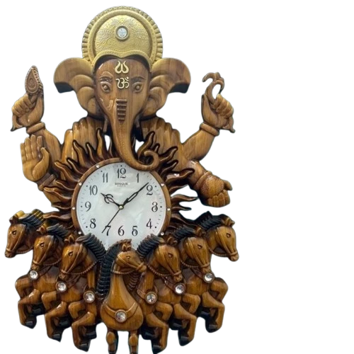 "Ganesha Chariot Wall Clock: A 12-Inch Wooden Masterpiece"