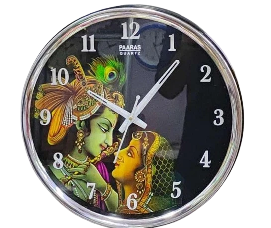 "12 Inch Colorful Radha Krishna Wall Clock with Silver Rim"