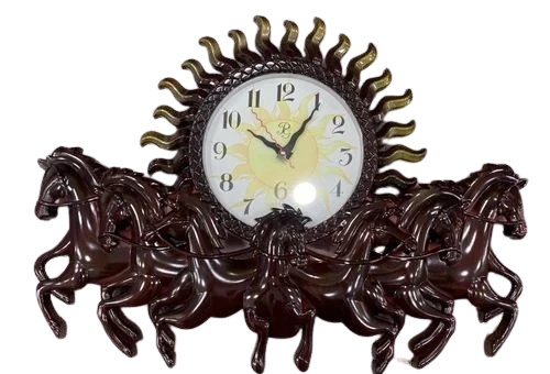 "Sunburst Wall Clock with Six Running Horses"
