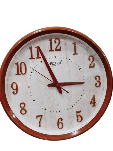 "Wood Grain Wall Clock with Brown Frame and Red Hour Hand"