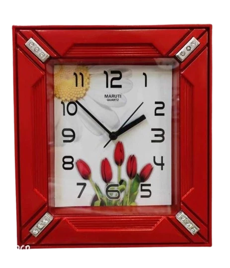 "Red Framed Maruti Wall Clock with Floral Design and Diamond Accents"