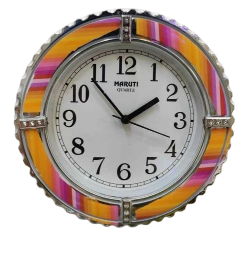 "Silver Framed Maruti Quartz Wall Clock with Colorful Striped Border "