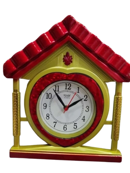 "Red and Yellow House-Shaped Wall Clock with Heart-Shaped Face"