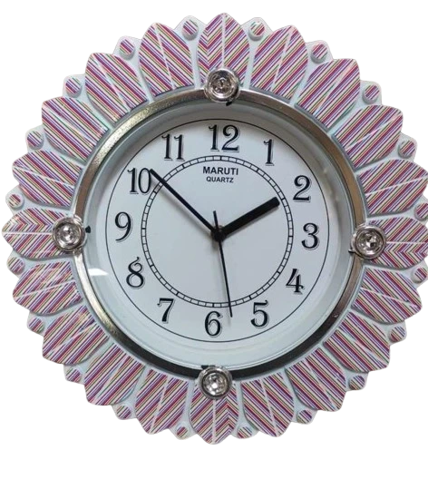 "Elegant White Round Maruti Quarz Clock with Flower-Shaped Frame"