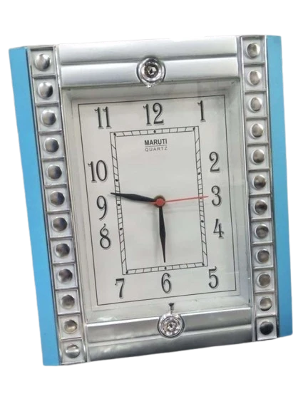 "Silver and Blue Square Wall Clock with Black Numbers and Red Second Hand"